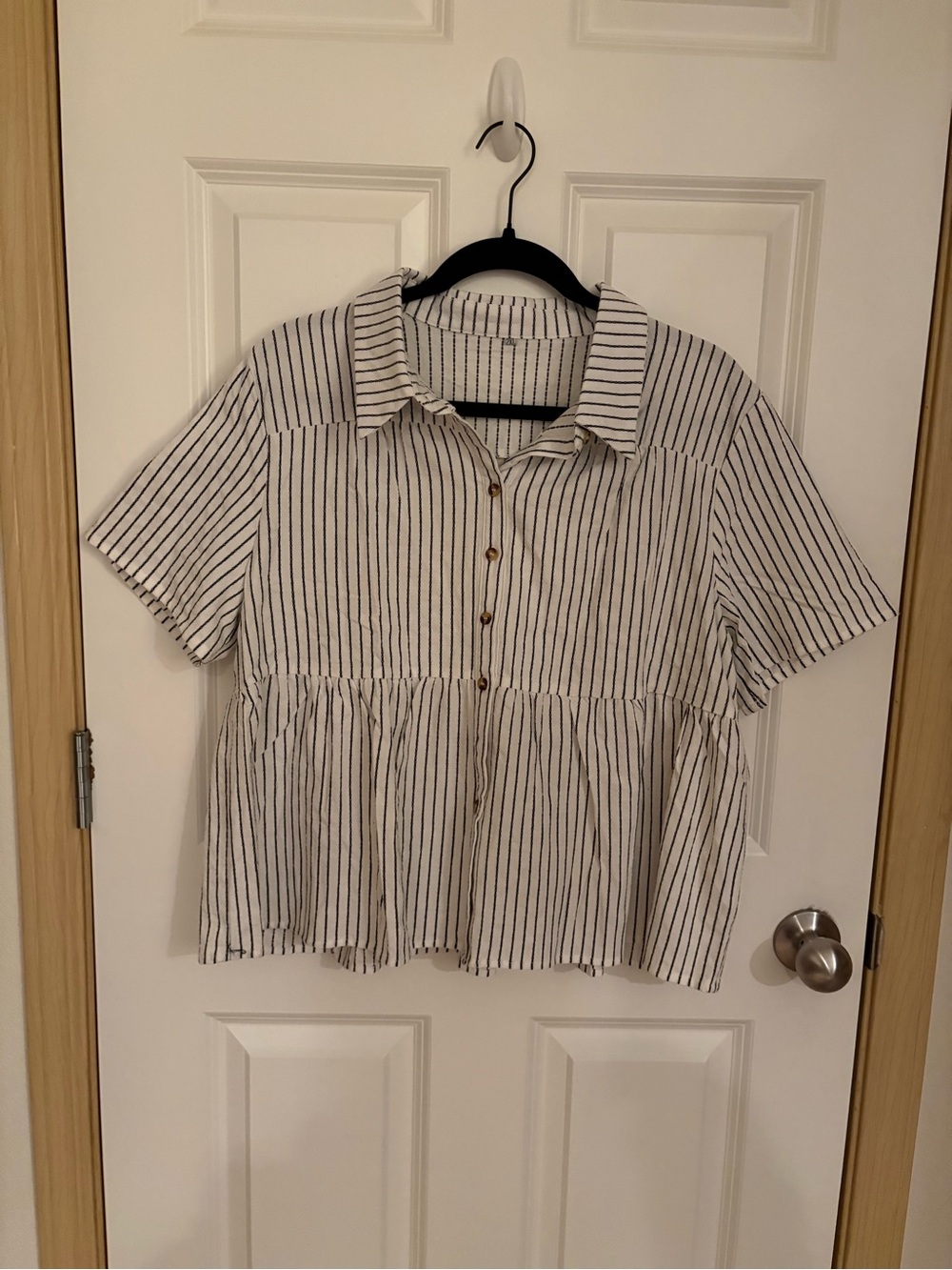 Striped Short-Sleeve Peplum Button-Front Blouse - White with Black Stripes